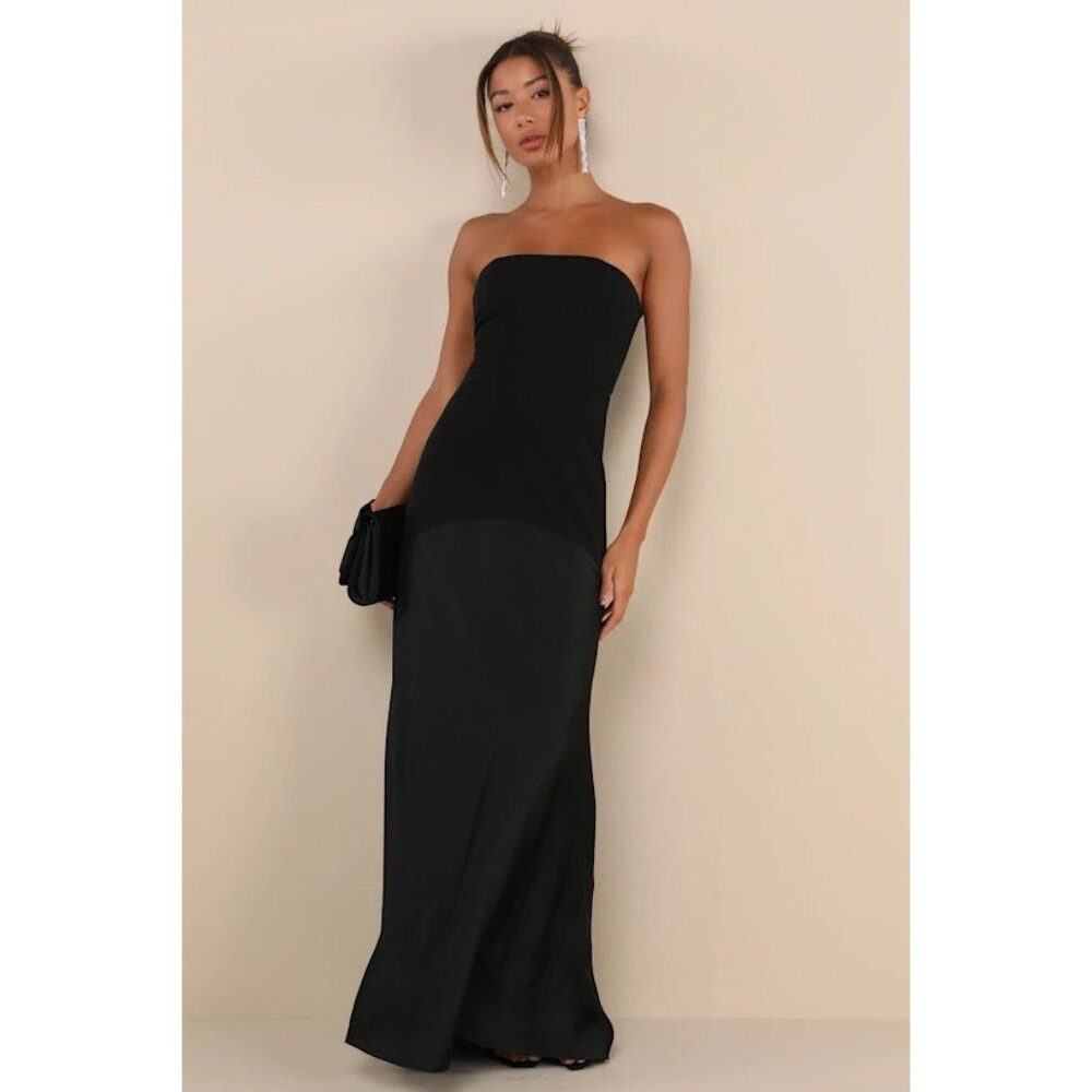 Lulus Compelling Style Long Strapless A-Line Maxi Dress Black S Small Silky NEW